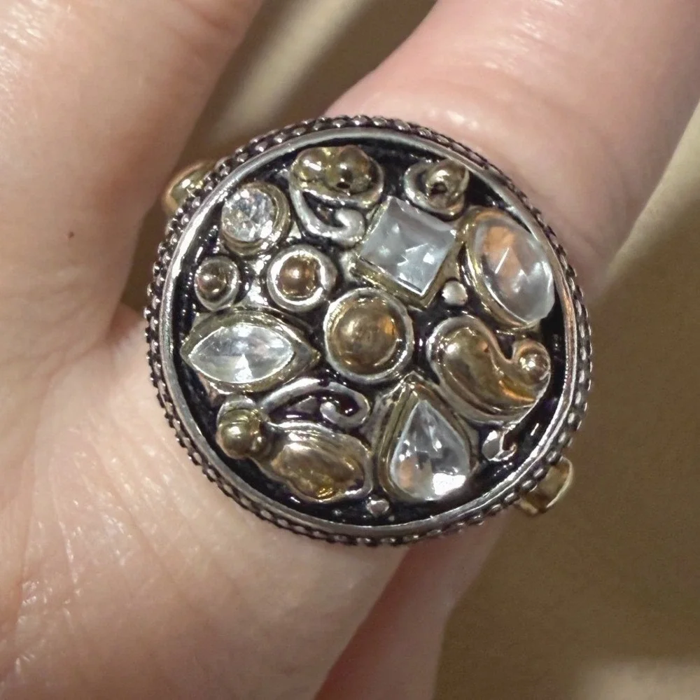 Statement Ring Multi Gemstone Gold and Silver Tone Mixed Metal Adjustable Band - Picture 3 of 12